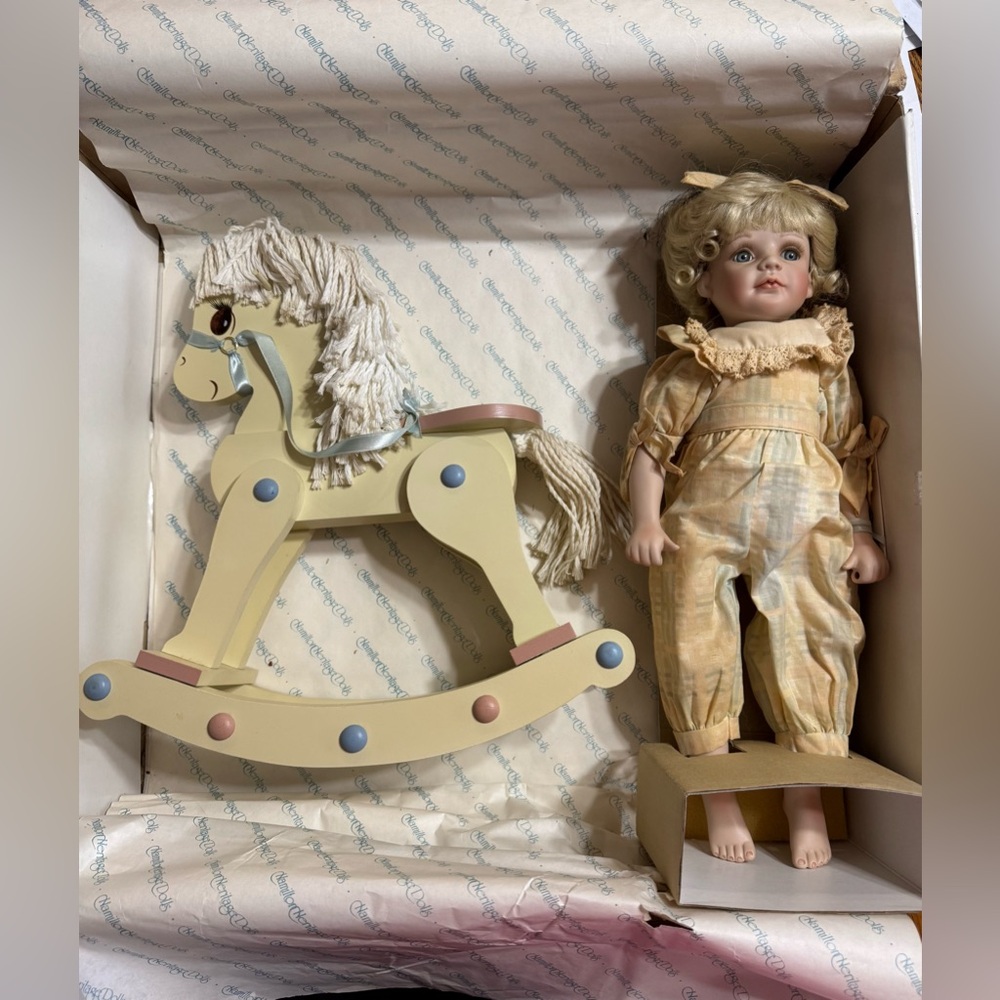 Vintage "Amy" fine porcelain doll & rocking horse by Jane Zidjunas collectors